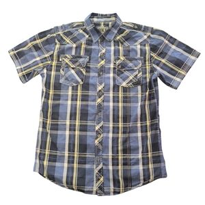 BKE shirt Men's XXL Blue/Yellow Plaid Double Stitching Casual Button Up Slim Fit